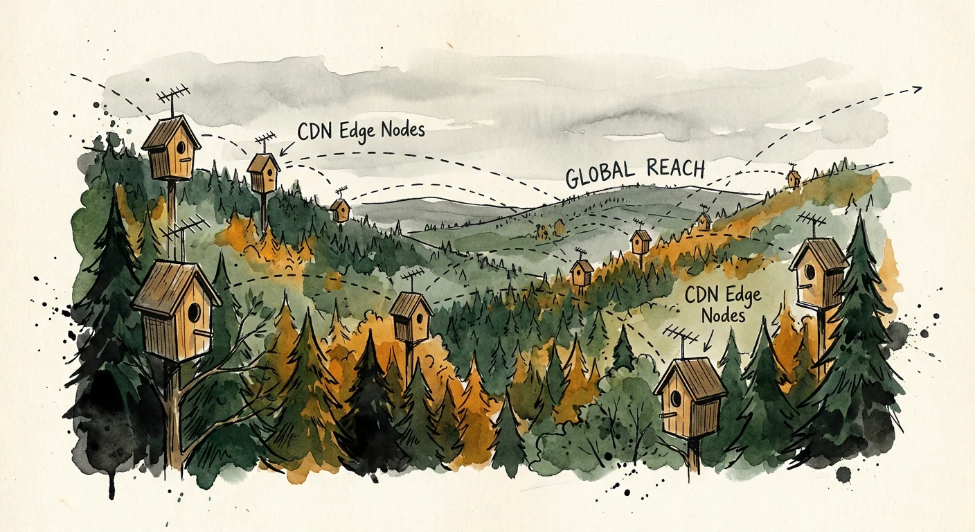 Illustration of CDN edge nodes distributed as birdhouses across a forest landscape, representing global content delivery