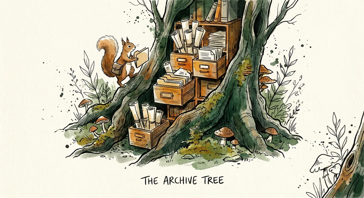 Illustration of an archive tree with file cabinets and scrolls tucked into its roots, tended by a squirrel