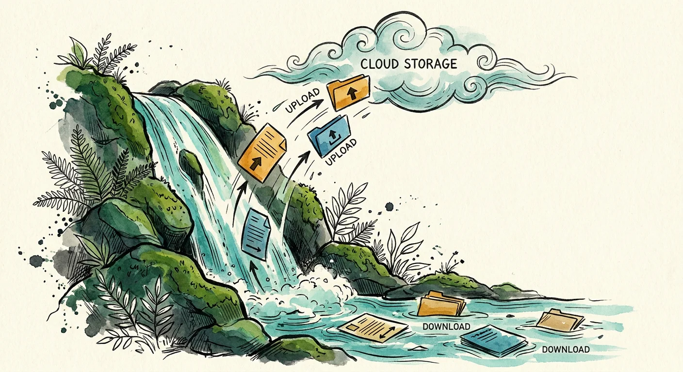 Illustration of files uploading and downloading through a waterfall into a cloud labeled cloud storage