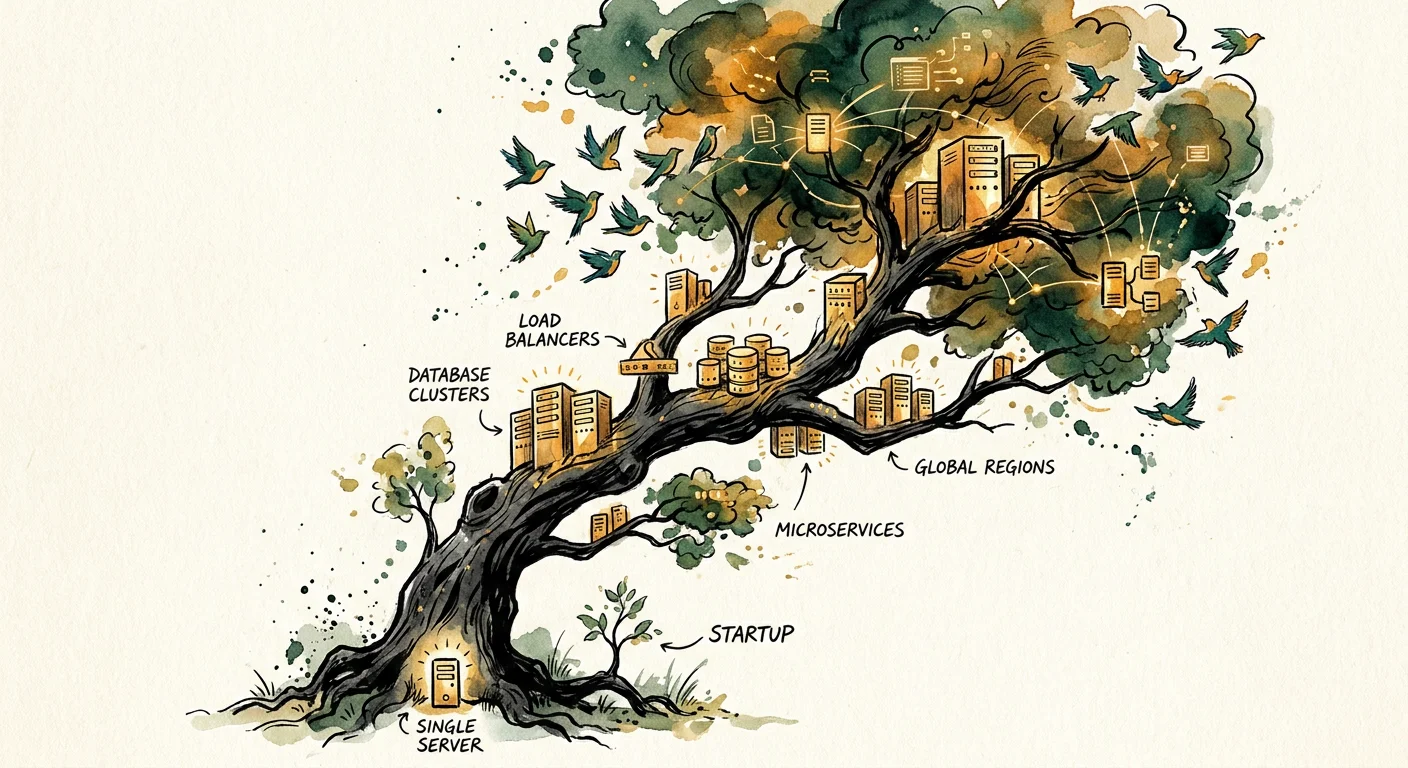 Illustration of an app scaling like a growing tree, from a single server to load balancers, database clusters, microservices, and global regions