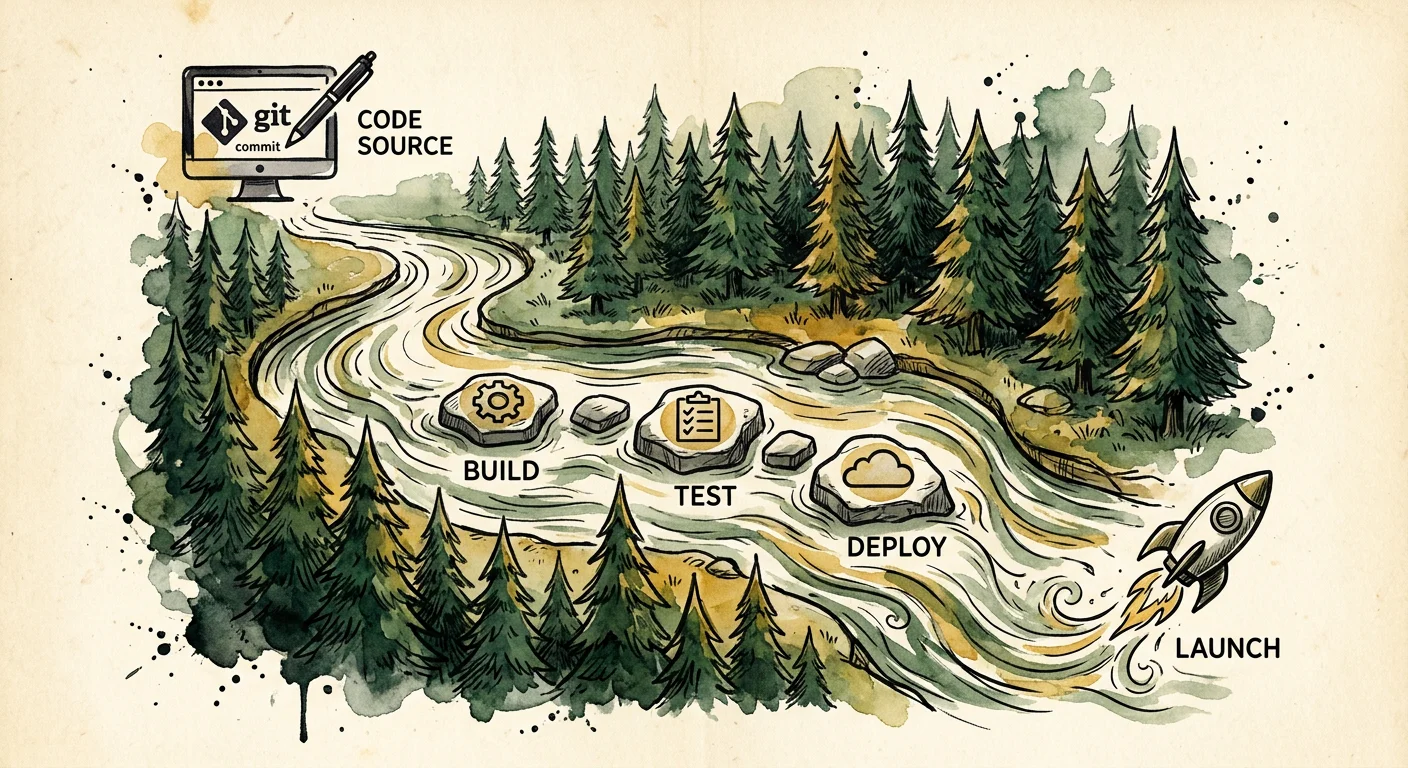 Illustration of a river flowing through a forest, labeled code source, build, test, deploy, and launch