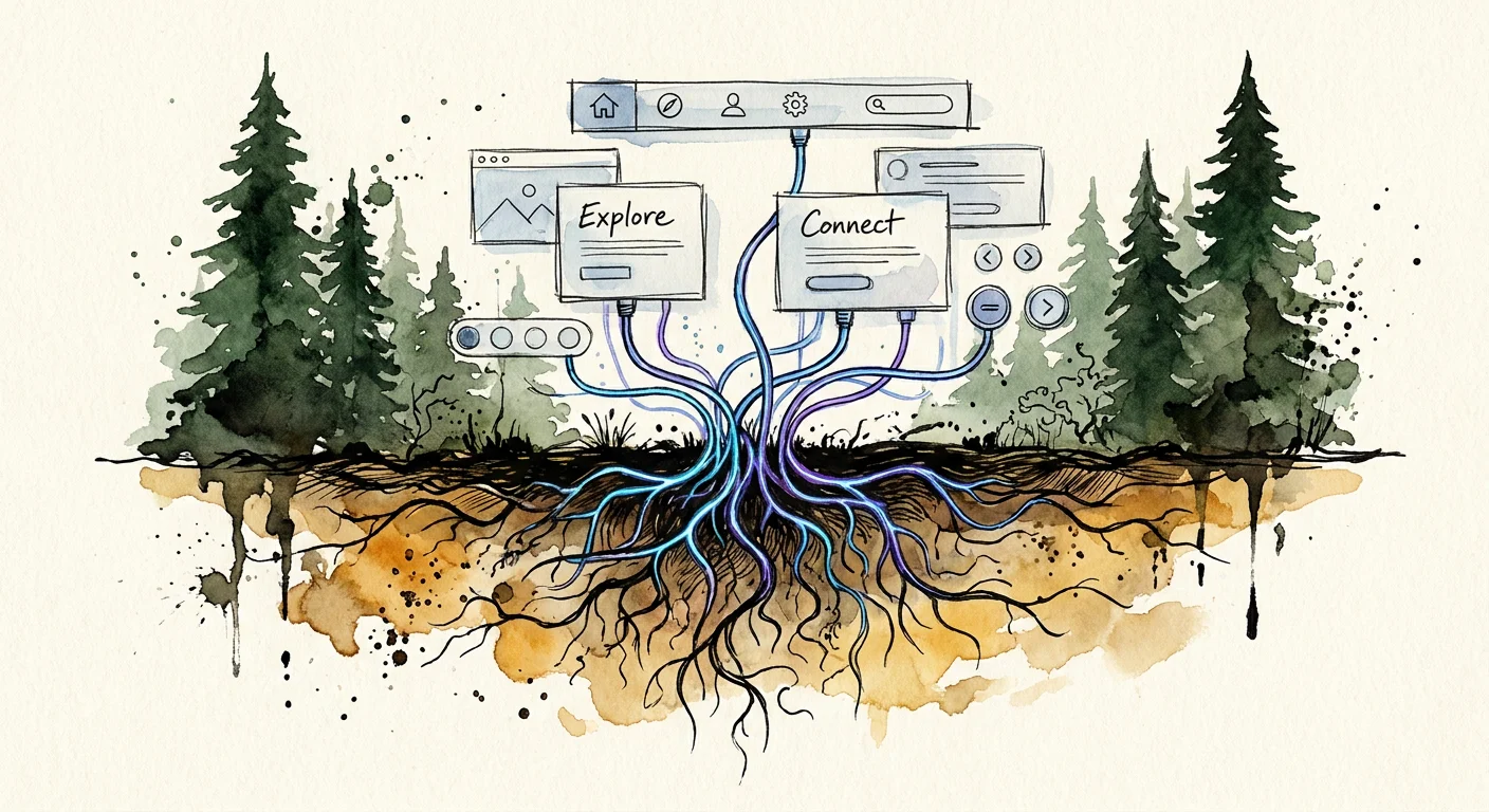 Illustration of a branching root network representing a growing site structure