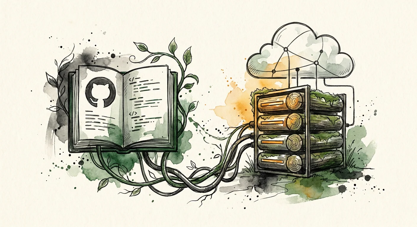 Illustration of a GitHub repository connecting through vines to cloud-linked server infrastructure